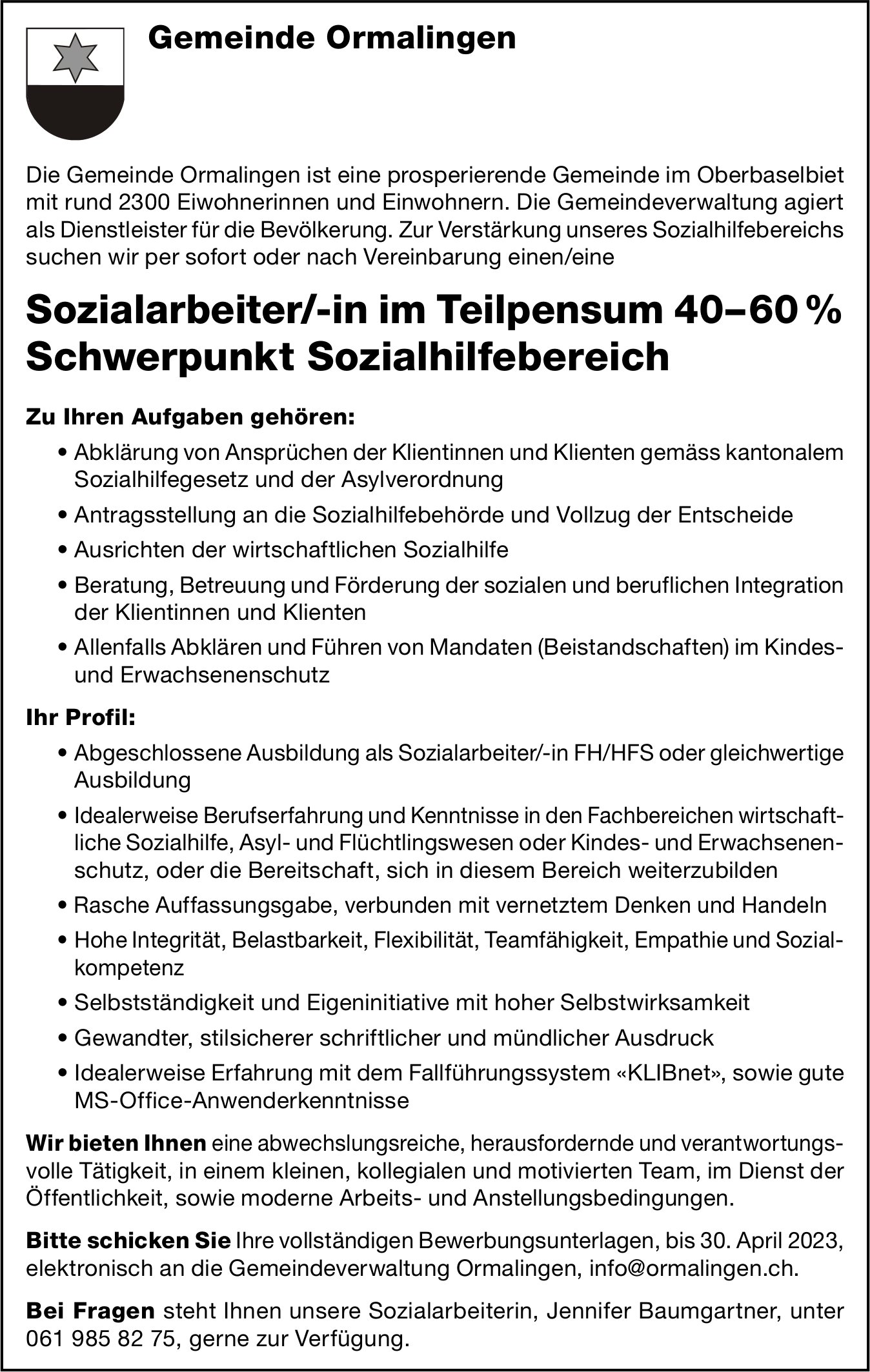 Sozialarbeiter In Im Teilpensum 4060 Schwerpunkt Sozialhilfebereich Gemeinde Ormalingen