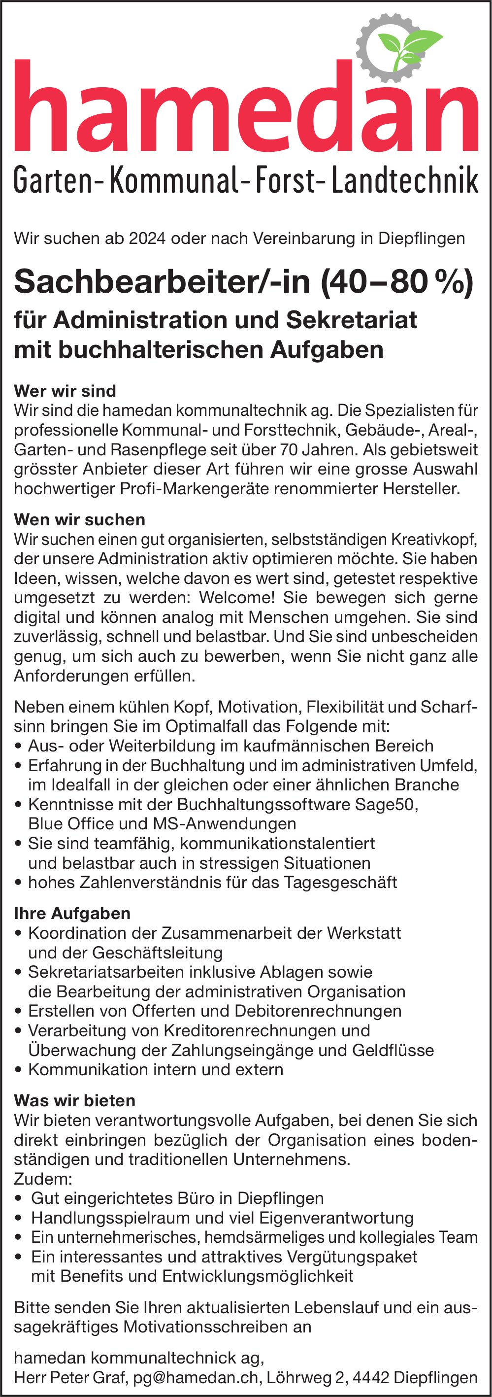 Sachbearbeiter/-in (40–80 %) Administration/Sekretariat, Hamedan Kommunaltechnick AG, Diepflingen, gesucht