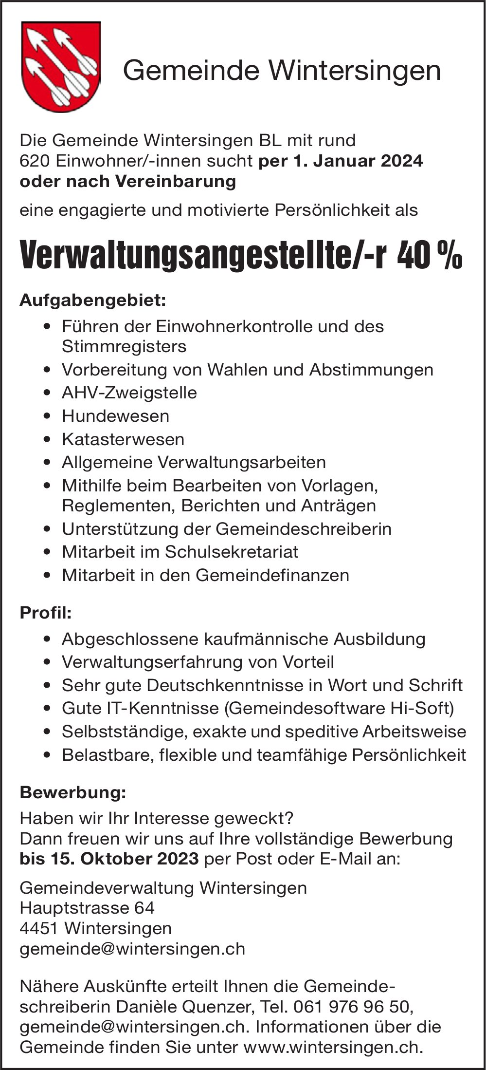 Verwaltungsangestellte/-r 40 %, Gemeinde, Wintersingen, gesucht
