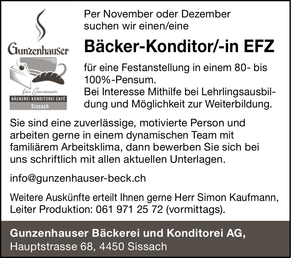 Bäcker-Konditor/-in EFZ, Gunzenhauser Bäckerei Konditorei AG, Sissach, gesucht