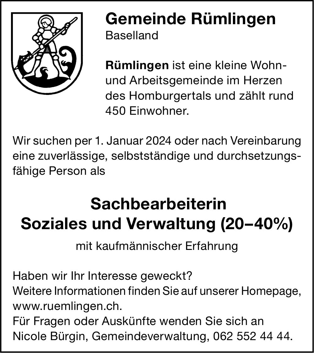 Sachbearbeiterin Soziales und Verwaltung 20-40%, Gemeinde, Rümlingen, gesucht