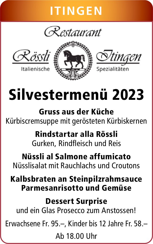 Restaurant Rössli, Itingen - Silvestermenü