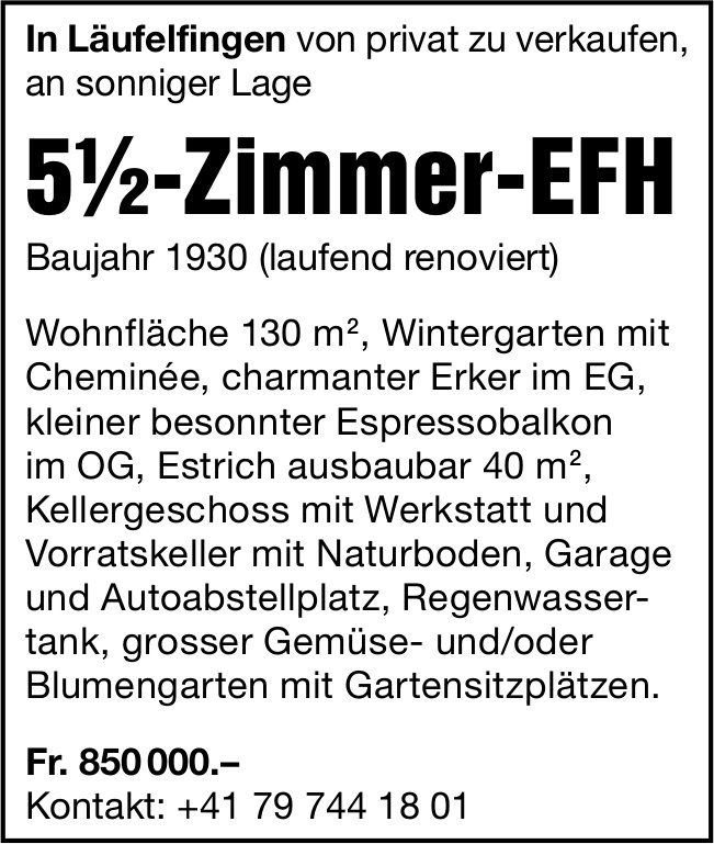 5.5ZimmerEFH, Läufelfingen, von Privat zu verkaufen