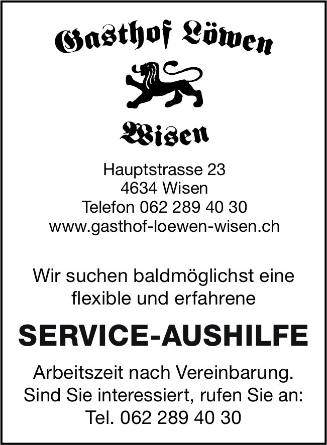 Service-Aushilfe, Gasthof Löwen, Wisen, gesucht