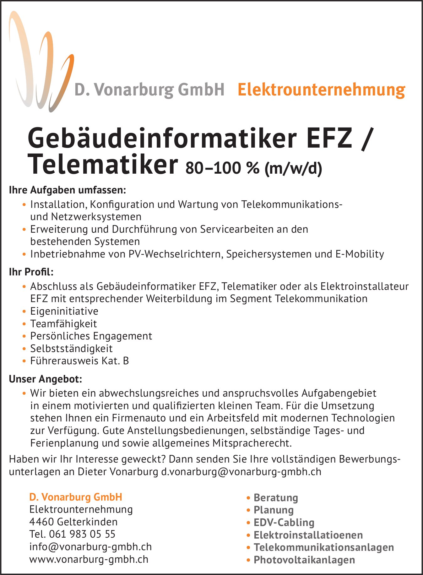 Gebäudeinformatiker EFZ / Telematiker 80–100% (m/w/d), D. Vonarburg GmbH, Gelterkinden, gesucht