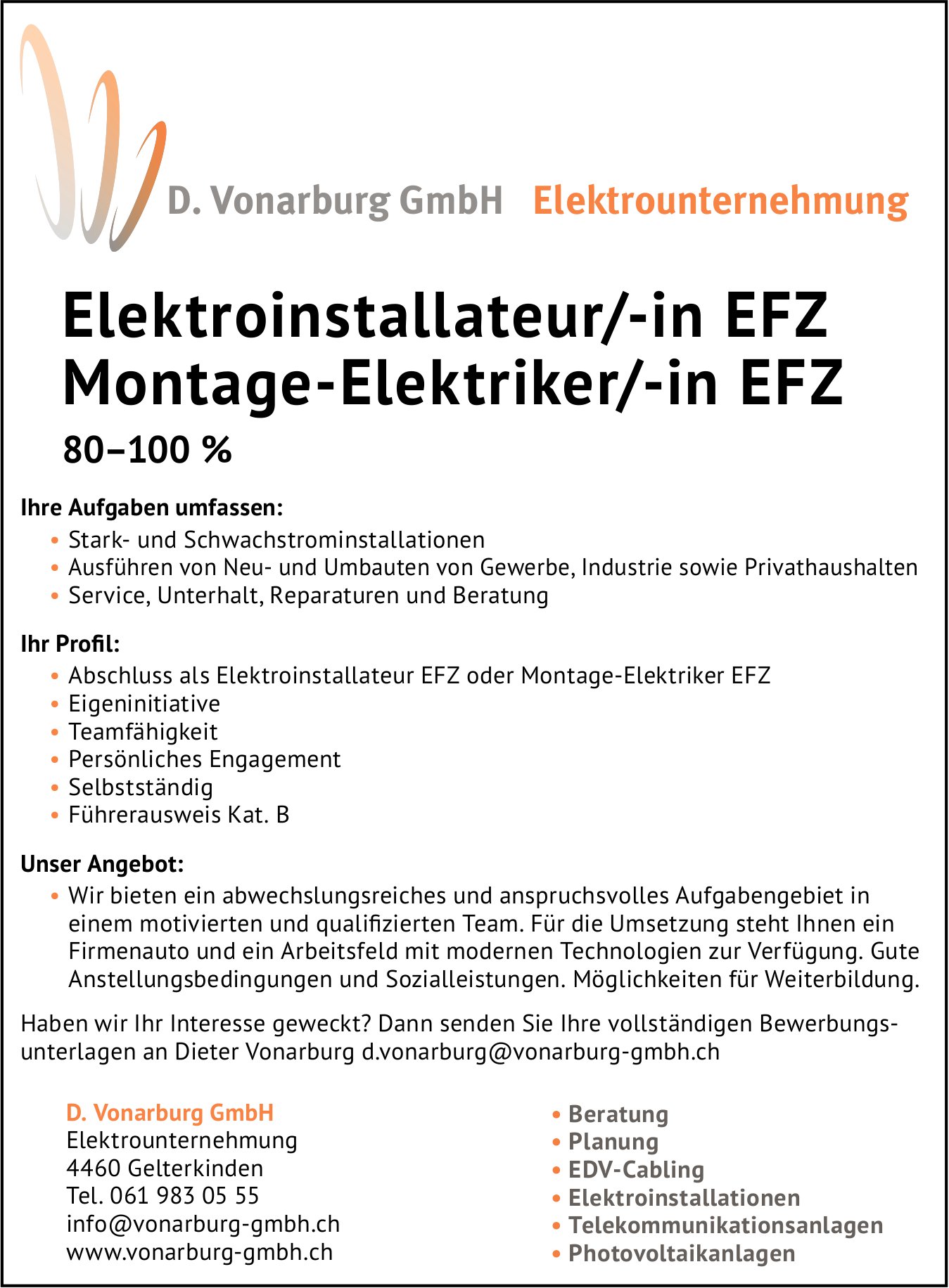 Montage-Elektriker/-in EFZ, Elektroinstallateur/-in EFZ, D. Vonarburg GmbH, Gelterkinden, gesucht