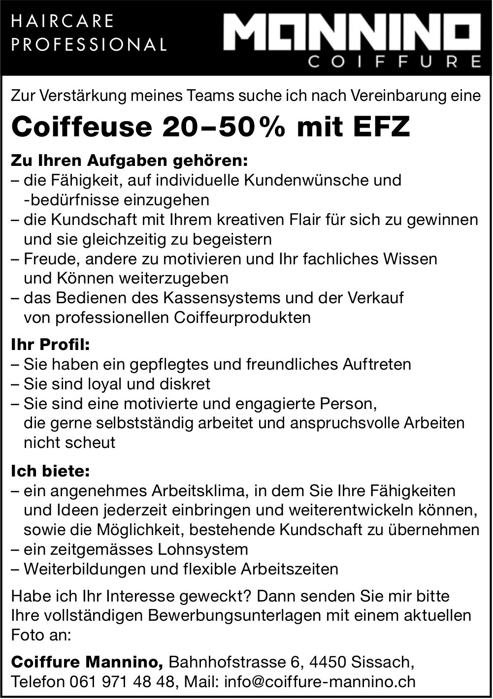 Coiffeuse 20–50% mit EFZ, Coiffure Mannino, Sissach, gesucht