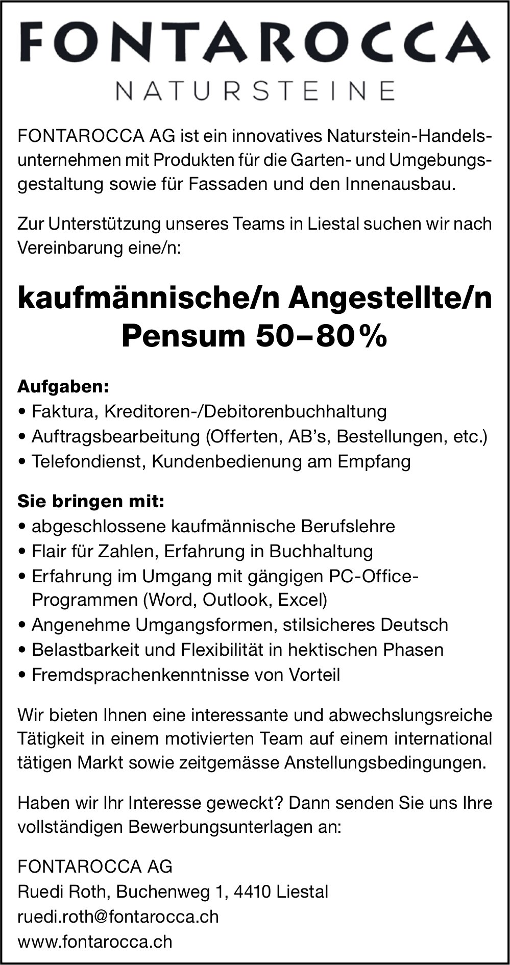 Kaufmännische/n Angestellte/n, Pensum 50– 80%, FONTAROCCA AG, Liestal, gesucht