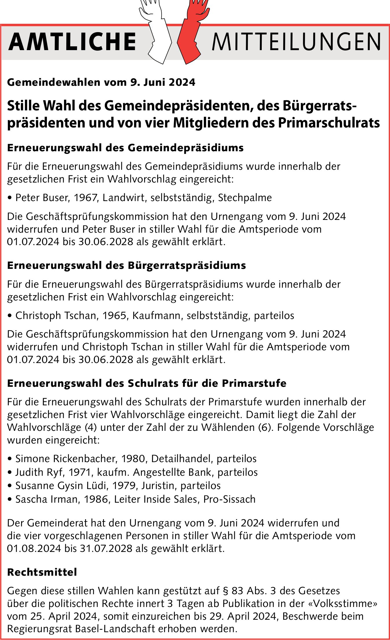 Amtliche Mitteilungen - Gemeindewahlen vom 9. Juni 2024