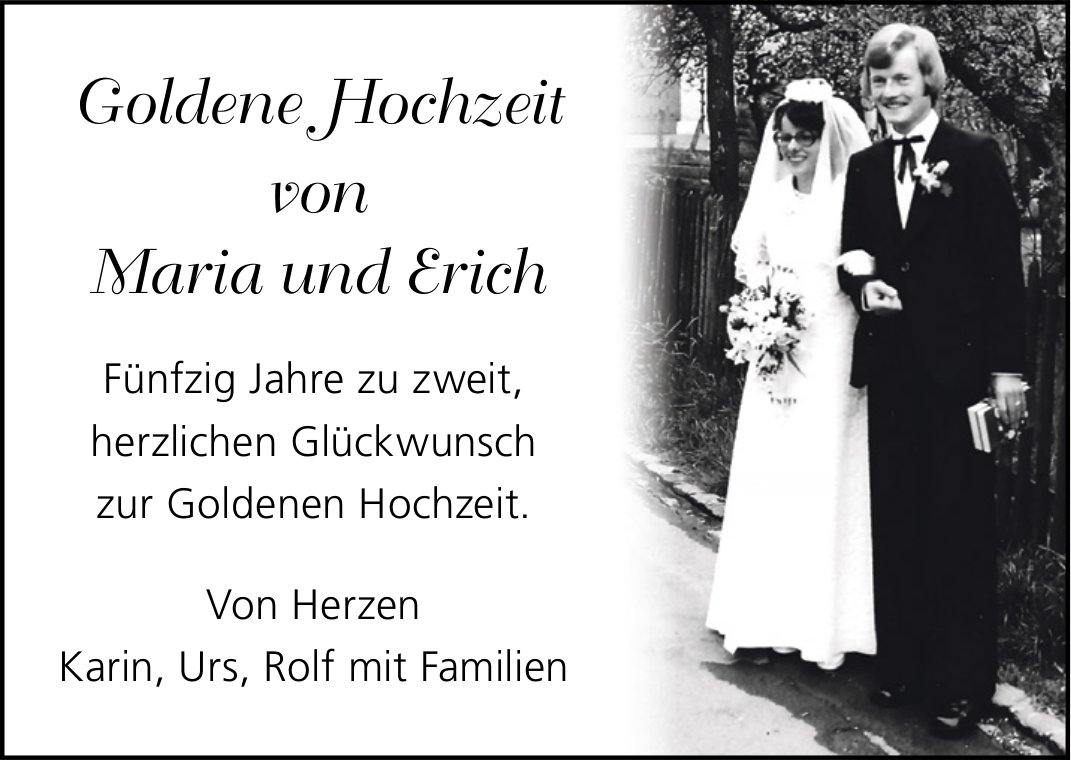 Herzlichen Glückwunsch zur Goldenen Hochzeit von Maria und Erich