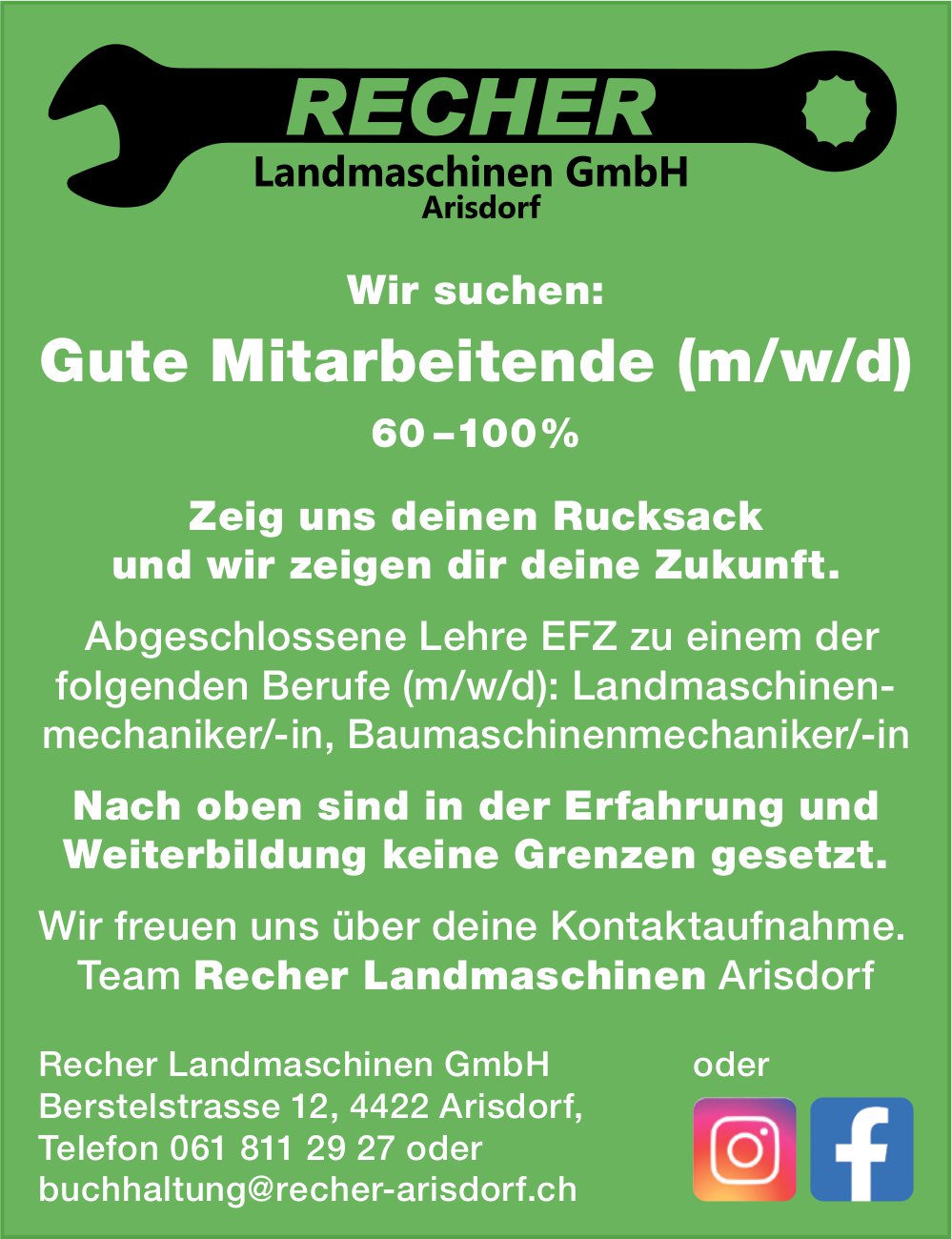 Gute Mitarbeitende (m/w/d), Recher Landmaschinen GmbH, Arisdorf, gesucht