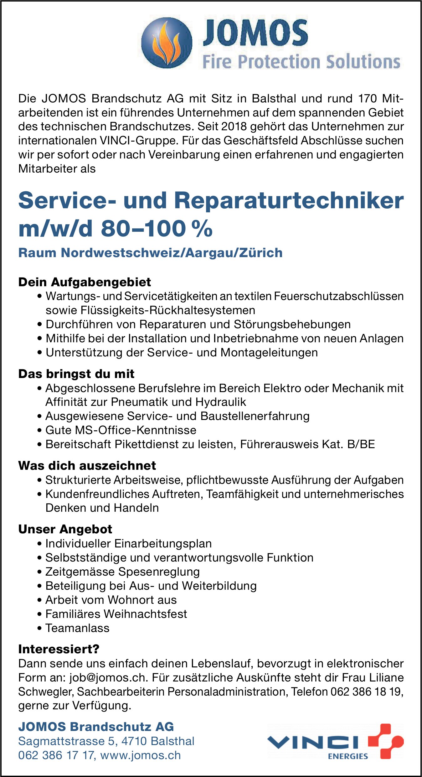 Service- und Reparaturtechniker m/w/d 80–100 %, JOMOS Brandschutz AG, Balsthal, gesucht