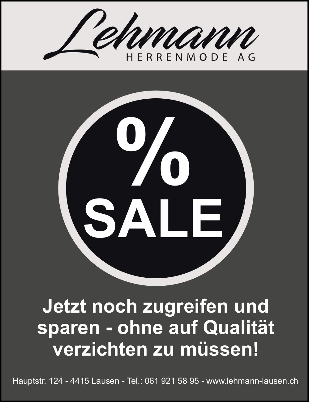 Lehmann Herrenmode AG, Lausen - Sale! Jetzt noch zugreifen