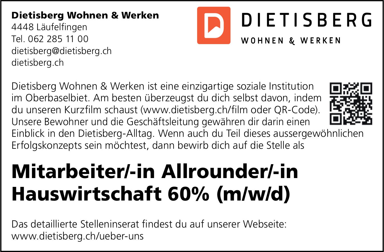 Mitarbeiter/-in Allrounder/-in Hauswirtschaft 60% (m/w/d), Dietisberg, Läufelfingen, gesucht