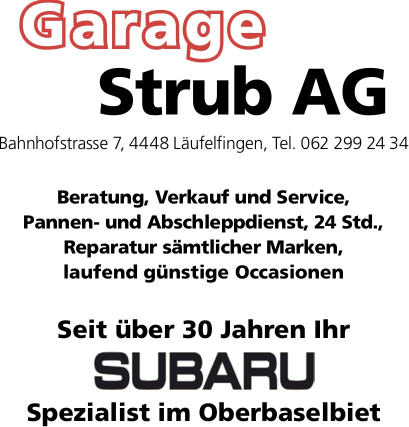 Strub AG, Läufelfingen - Seit über 30 Jahren Ihr Subaru Spezialist im Oberbaselbiet