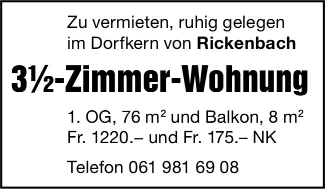 3.5-Zimmer-Wohnung, Rickenbach, zu vermieten