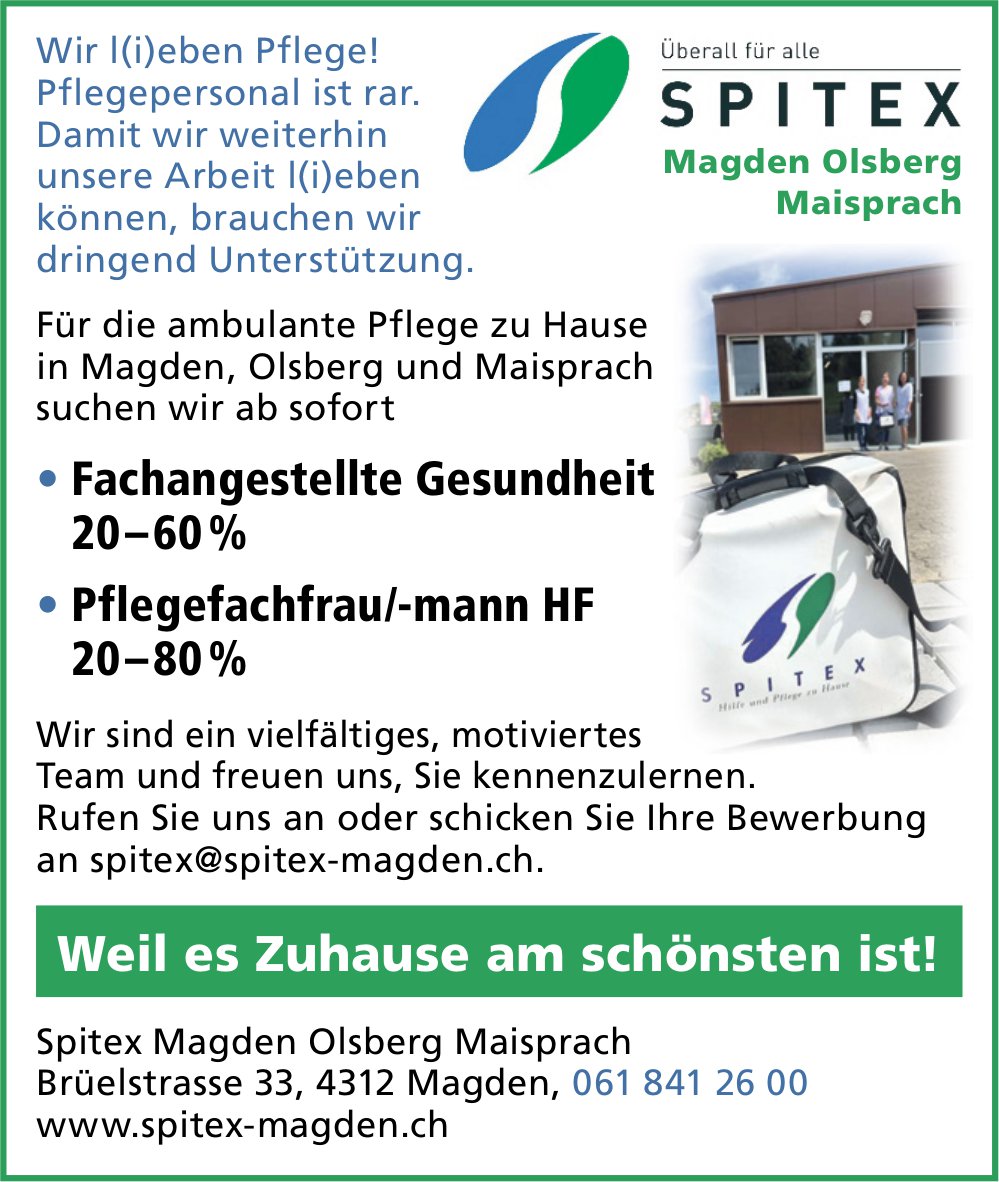 Fachangestellte Gesundheit und Pflegefachfrau/-mann HF, Spitex Magden Olsberg Maisprach, gesucht