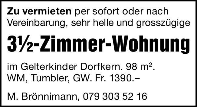 Sehr helle und grosszügige 3.5-Zimmer-Wohnung, Gelterkinden, zu vermieten