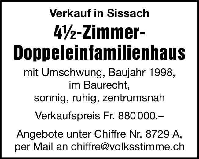 4.5-Zimmer- Doppeleinfamilienhaus, Sissach, zu verkaufen