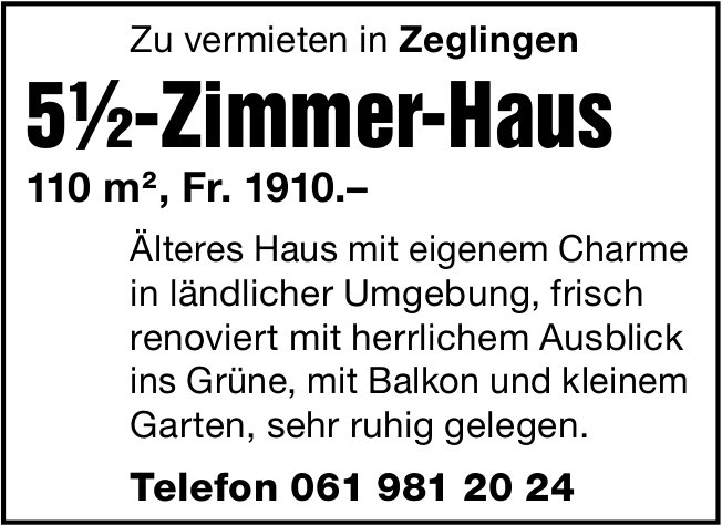 5.5-Zimmer-Haus, Zeglingen, zu vermieten