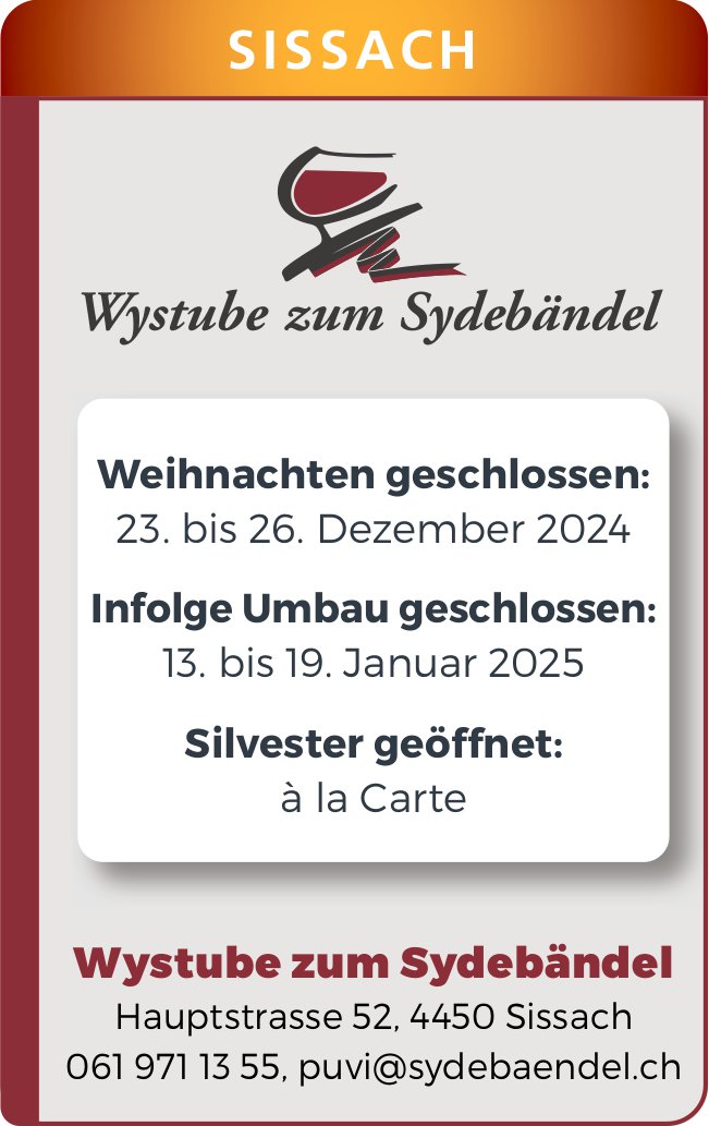 Wystube zum Sydebändel, Sissach - Silvester geöffnet