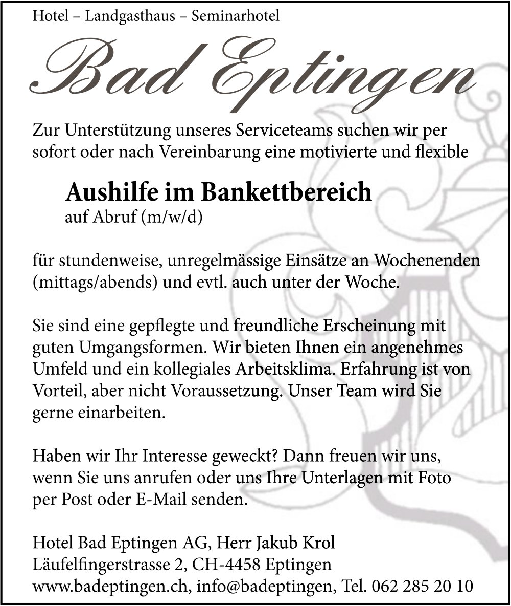 Aushilfe im Bankettbereich, Hotel Bad Eptingen AG, gesucht