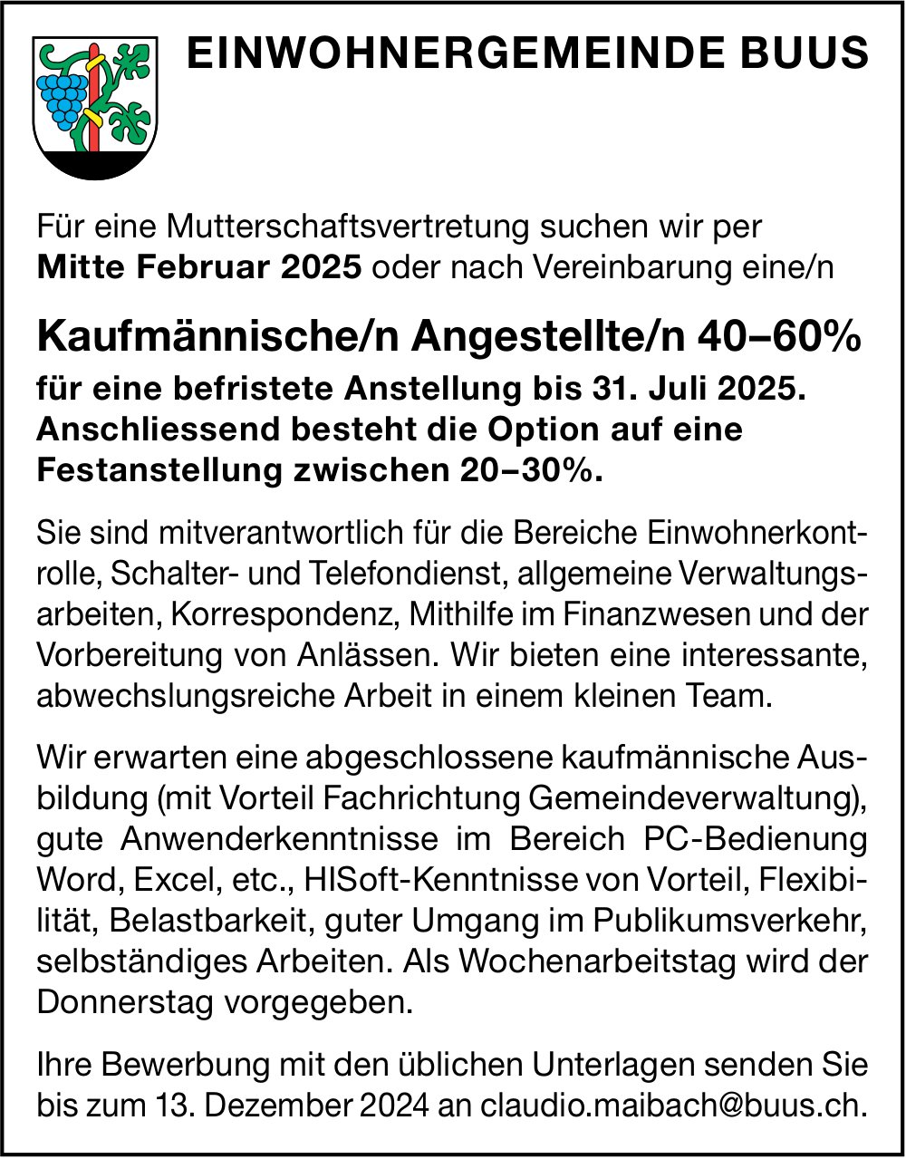 Kaufmännische/r Angestellte/r 40–60%, Einwohnergemeinde Buus, gesucht