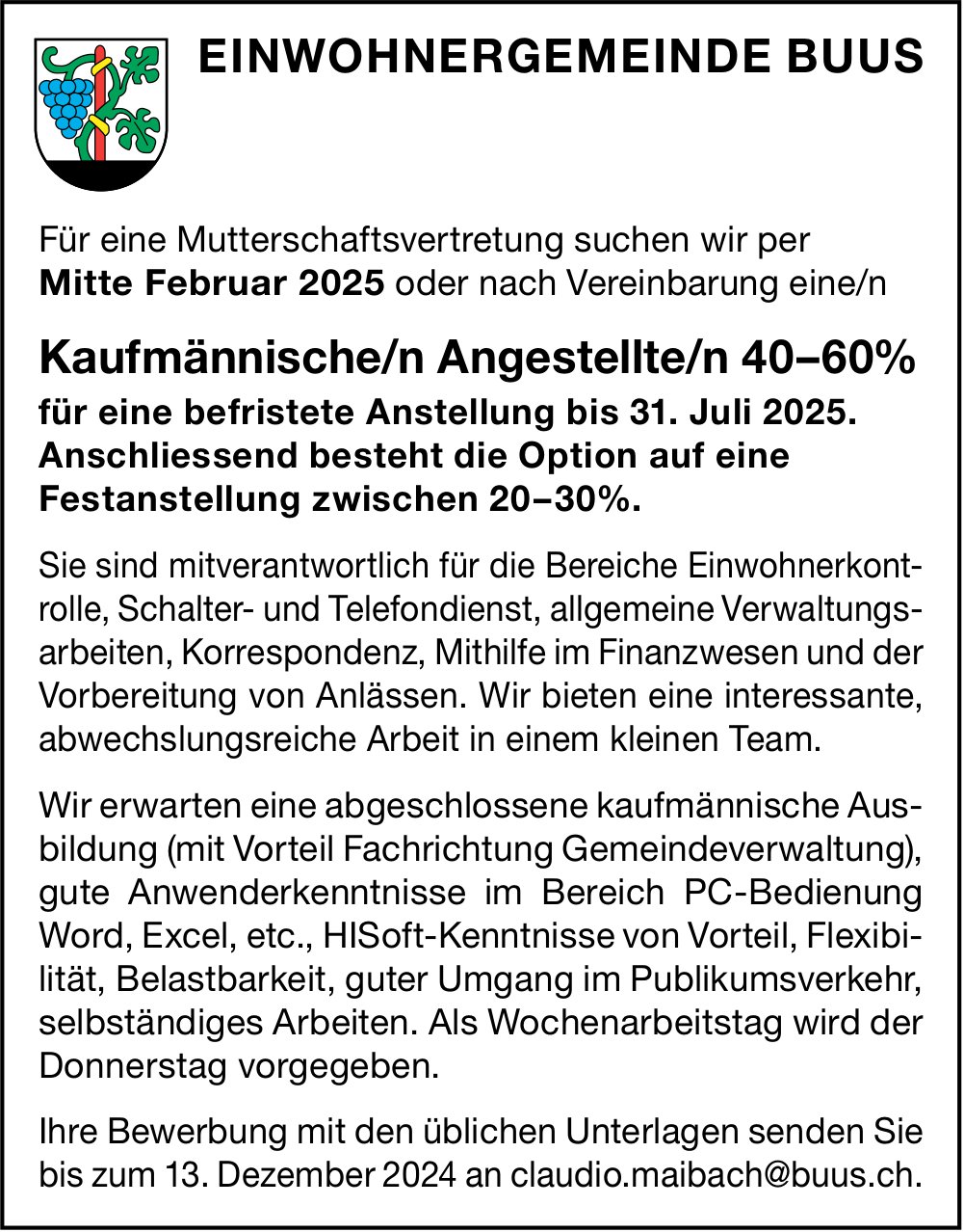 Kaufmännische/r Angestellte/r 40–60%, Einwohnergemeinde Buus, gesucht