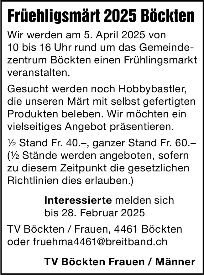 TV Böckten Frauen / Männer - Hobbybastler für Früehligsmärt 2025 gesucht