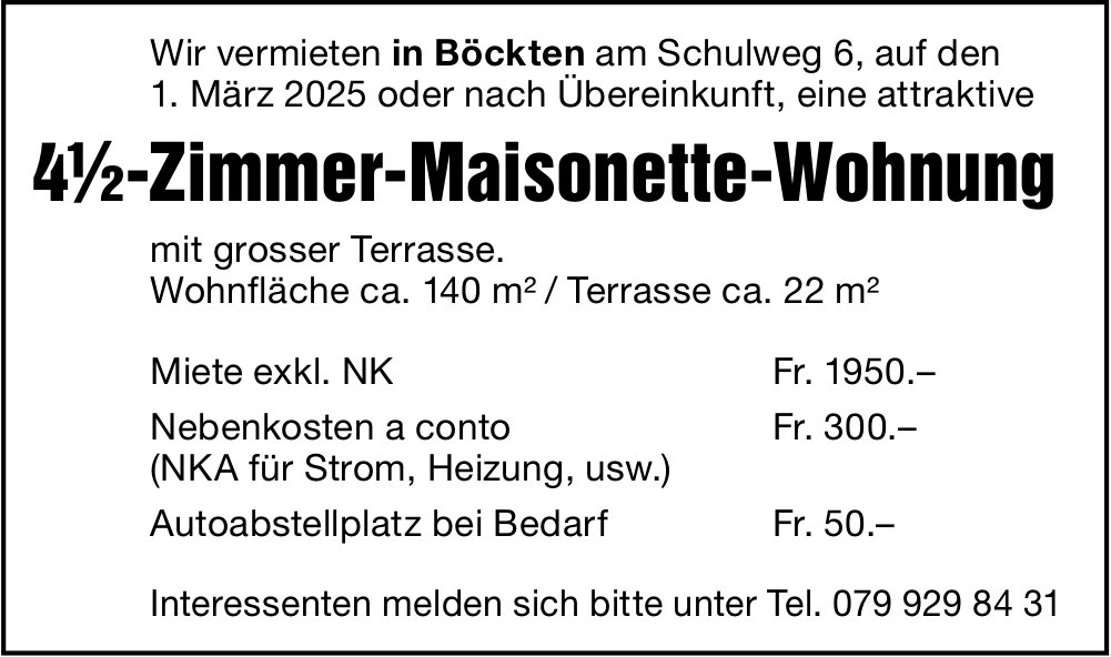 4.5-Zimmer-Maisonette-Wohnung, Böckten, zu vermieten