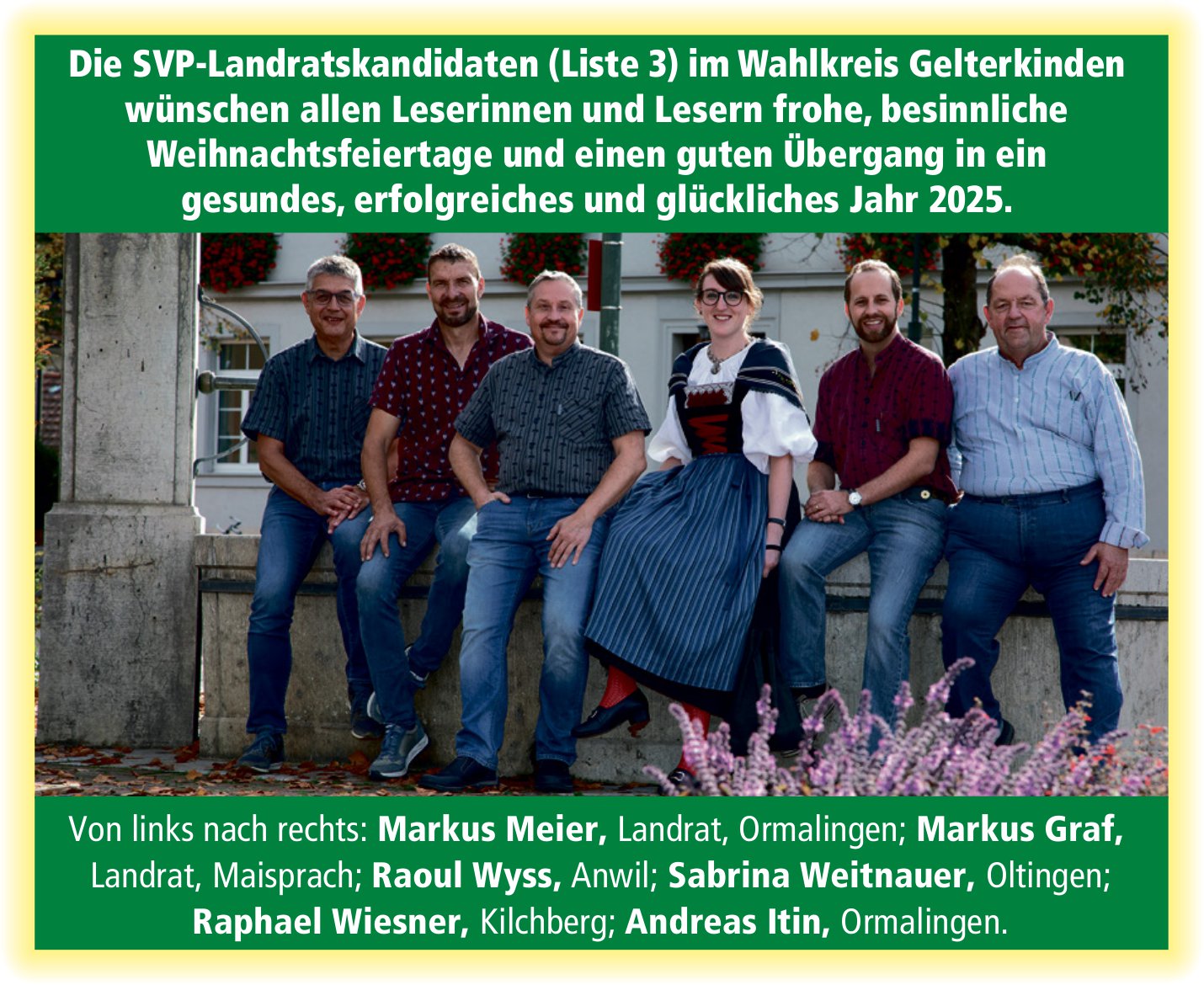 SVP, Gelterkinden - Die SVP-Landratskandidaten wünschen besinnliche Weihnachtsfeiertage