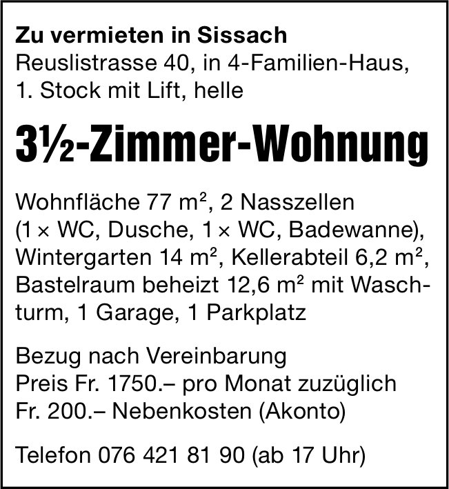 3.5-Zimmer-Wohnung, Sissach, zu vermieten