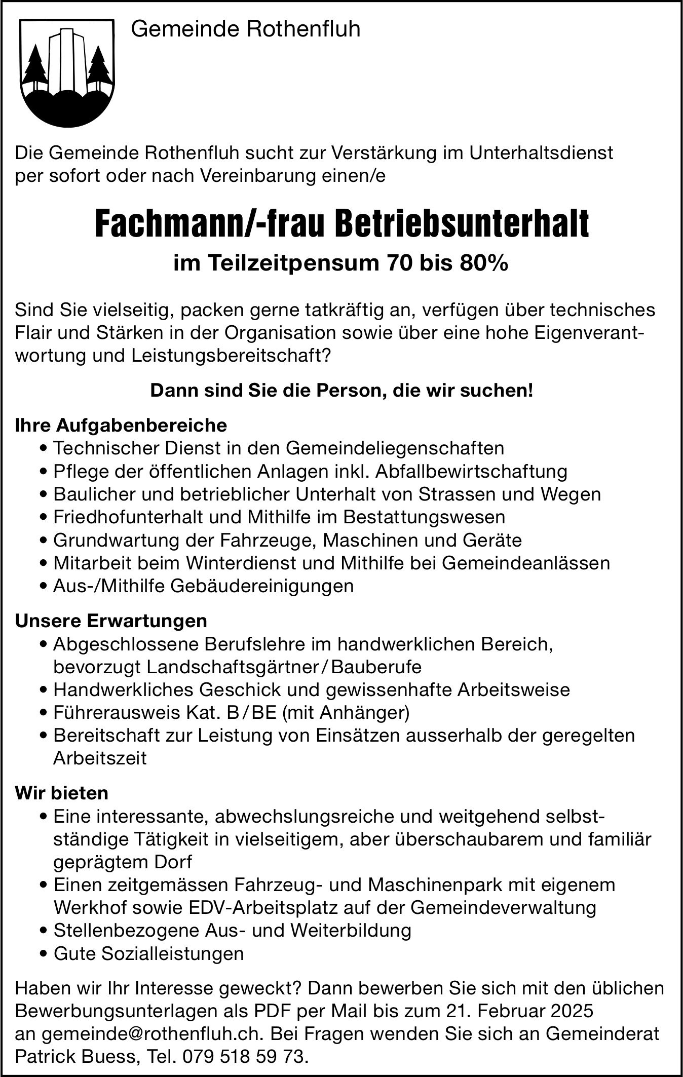 Fachmann/-frau Betriebsunterhalt 70-80%, Gemeinde, Rothenfluh, gesucht