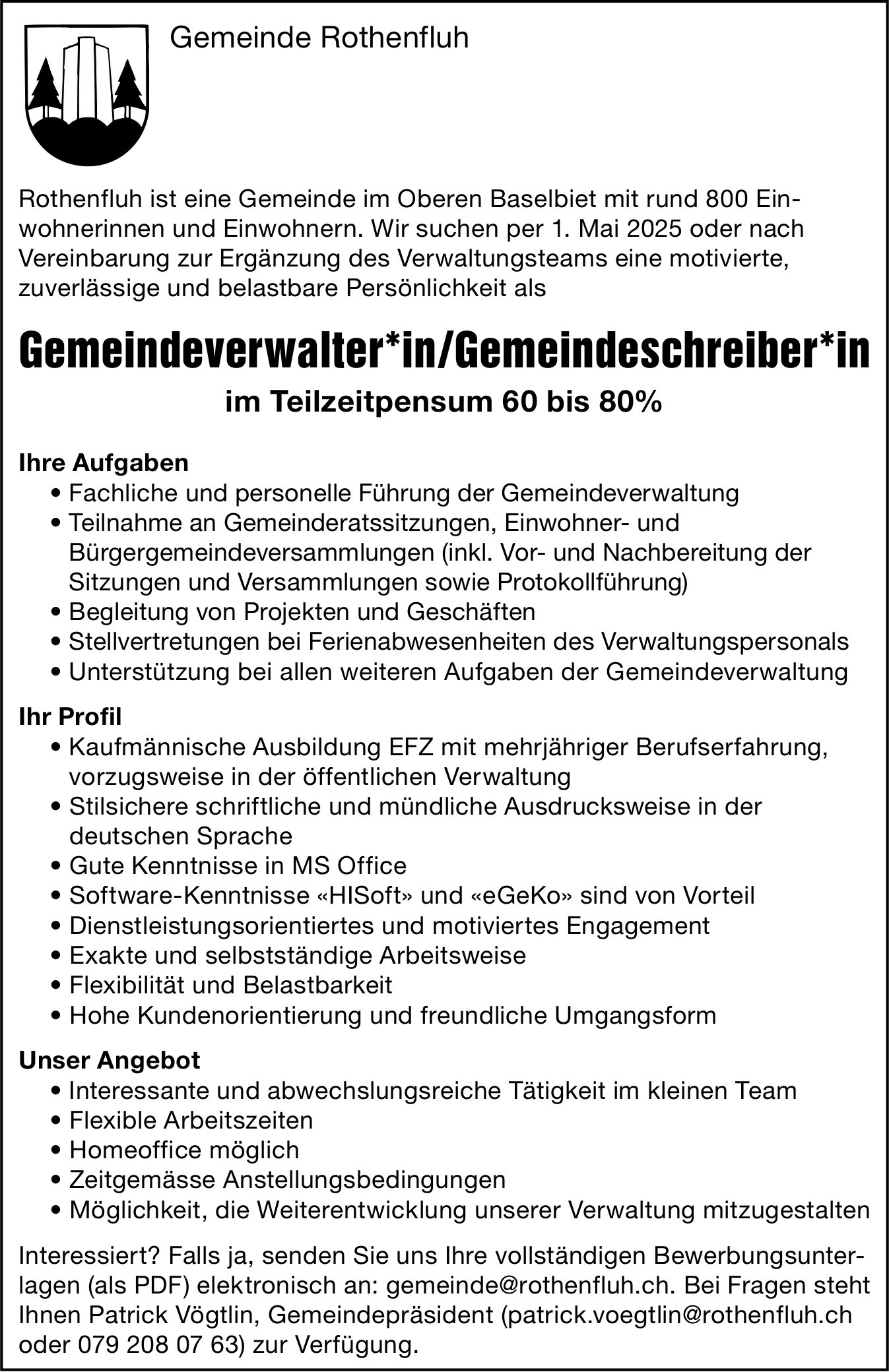 Gemeindeverwalter*in/Gemeindeschreiber*in 60-80%, Gemeinde, Rothenfluh, gesucht