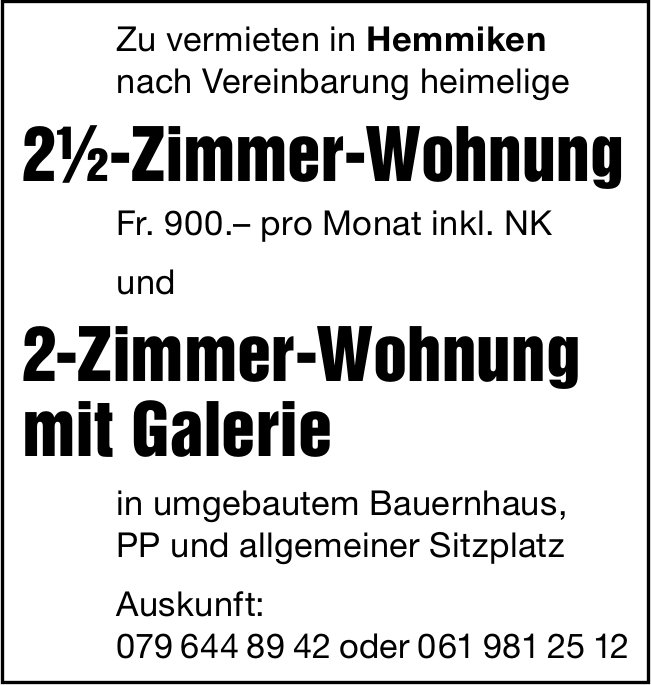 2- und 2.5-Zimmer-Wohnungen, Hemmiken, zu vermieten