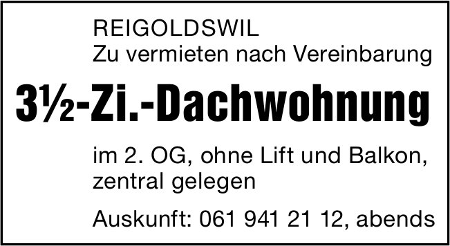 3.5-Zi.-Dachwohnung, Reigoldswil, zu vermieten