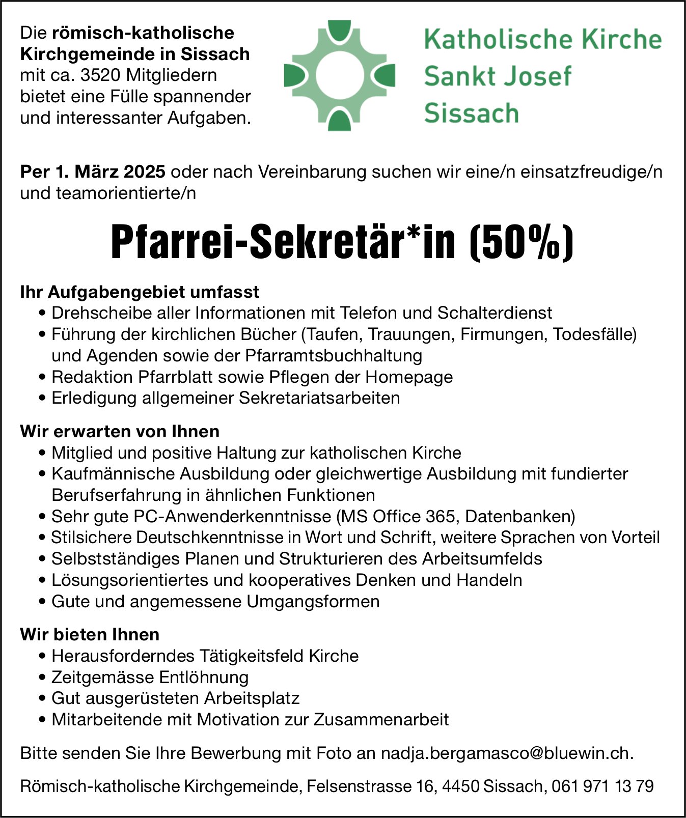 Pfarrei-Sekretär*in (50%), Römisch-Katholische Kirchgemeinde, Sissach, gesucht