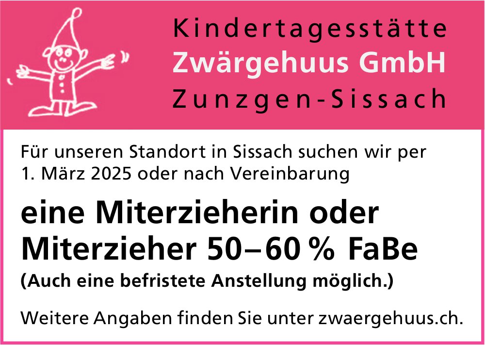 Miterzieherin oder Miterzieher 50-60% FaBe, Zwärgehuus GmbH, Sissach, gesucht