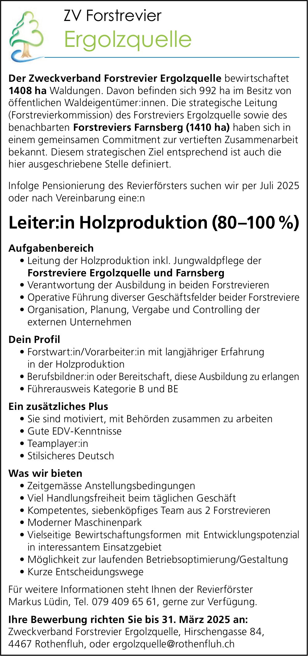 Leiter:in Holzproduktion (80-100%), ZV Forstrevier Ergolzquelle, Rothenfluh, gesucht