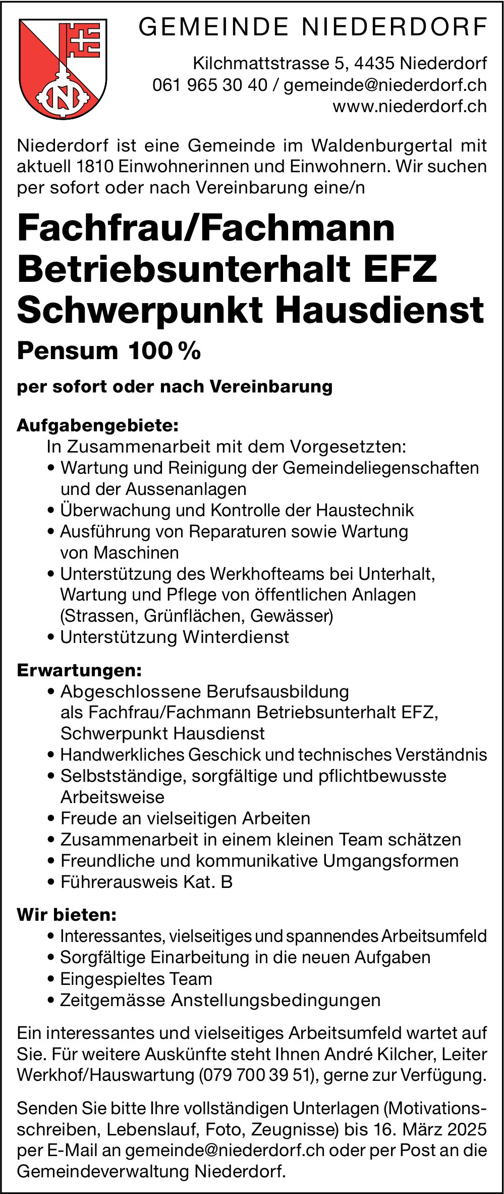 Fachfrau/Fachmann Betriebsunterhalt EFZ Schwerpunkt Hausdienst 100%, Gemeinde, Niederdorf, gesucht