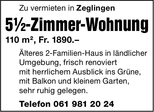 5.5-Zimmer-Wohnung, Zeglingen, zu vermieten