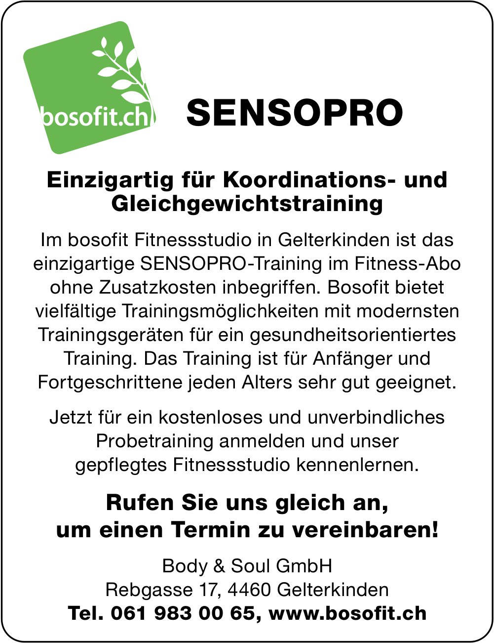 Body & Soul GmbH, Gelterkinden - Das einzigartige SENSOPRO-Training im Fitness-Abo