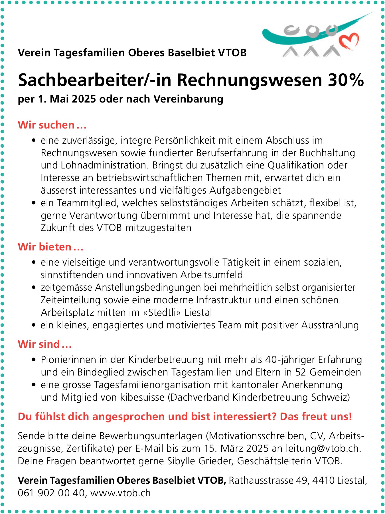 Sachbearbeiter/-in Rechnungswesen 30%, Verein Tagesfamilien Oberes Baselbiet, Liestal, gesucht