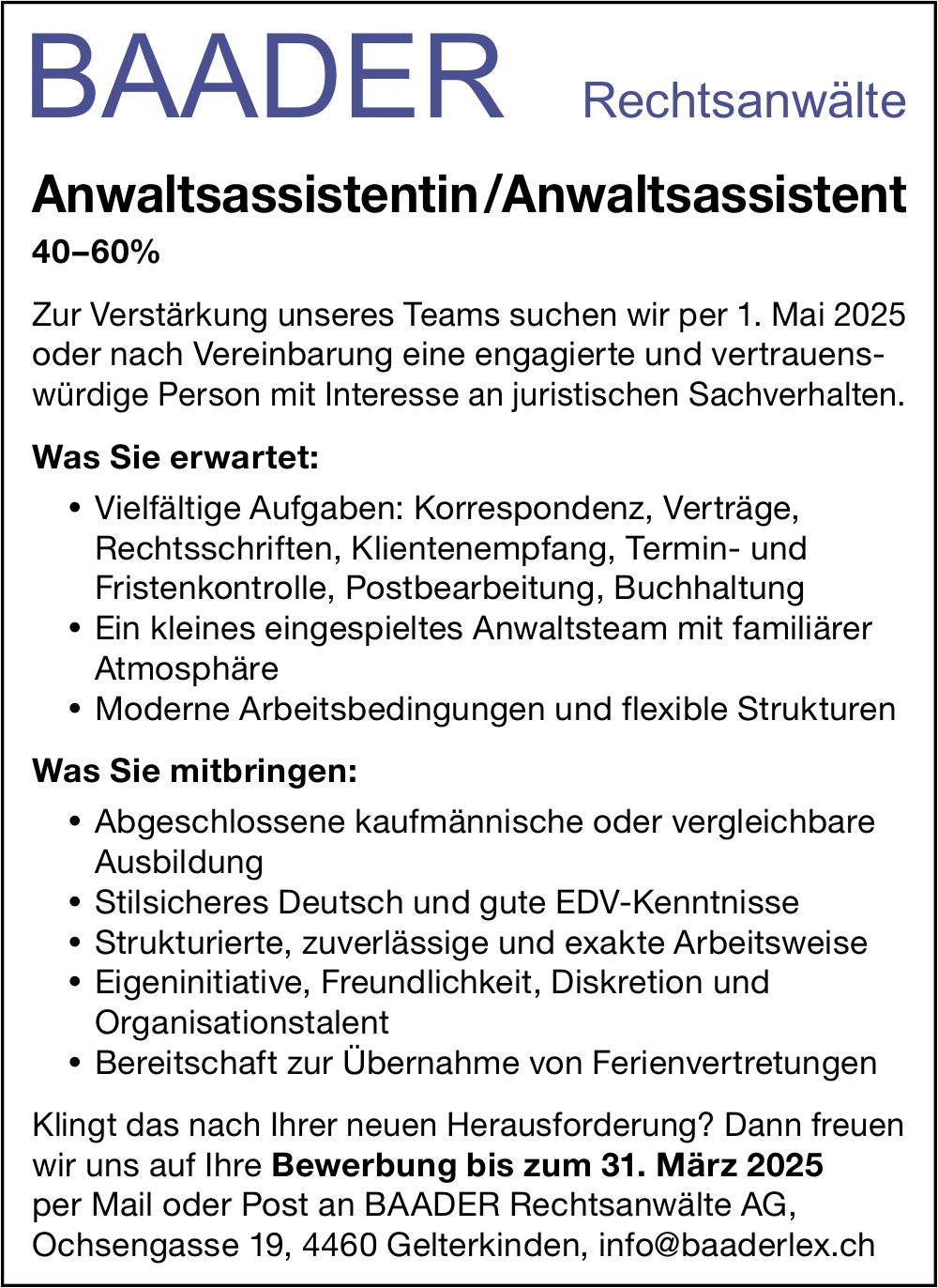 Anwaltsassistentin/Anwaltsassistent 40-60%, Baader Rechtsanwälte, Gelterkinden, gesucht