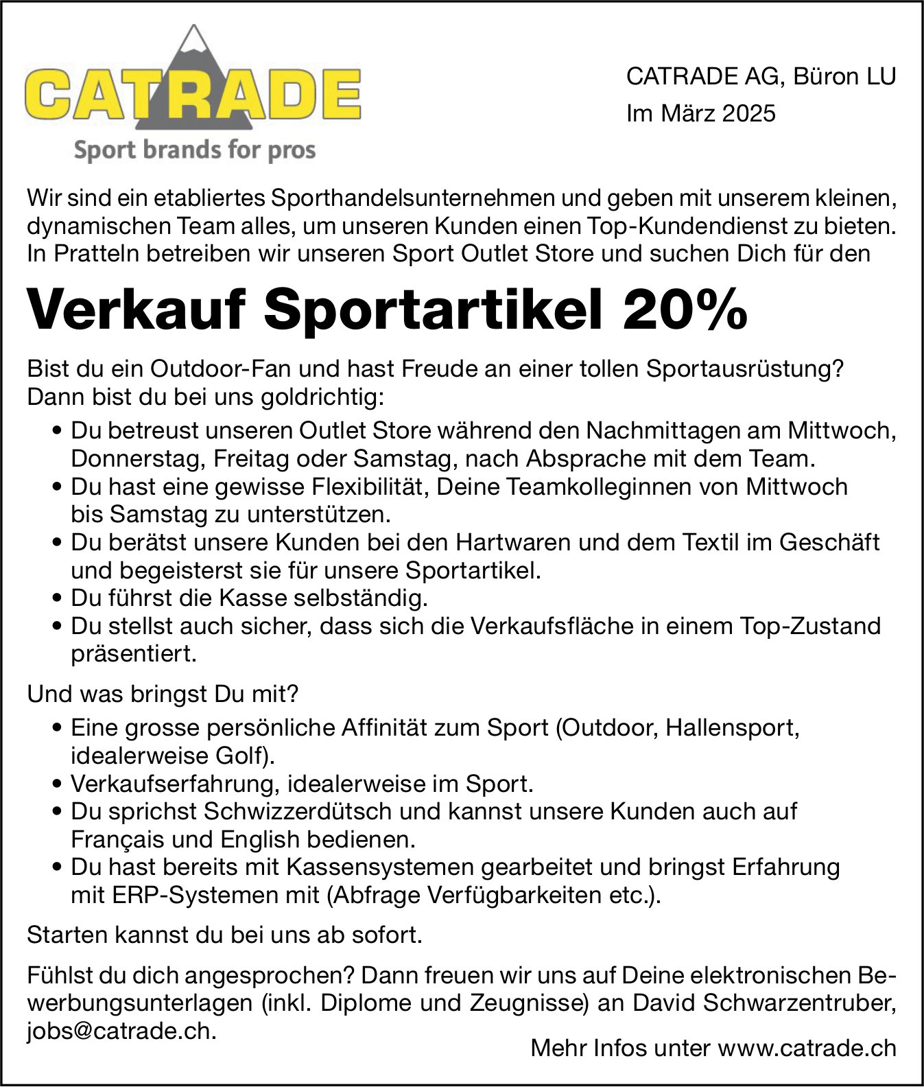 Verkauf Sportartikel 20%, Catrade AG, Pratteln, gesucht