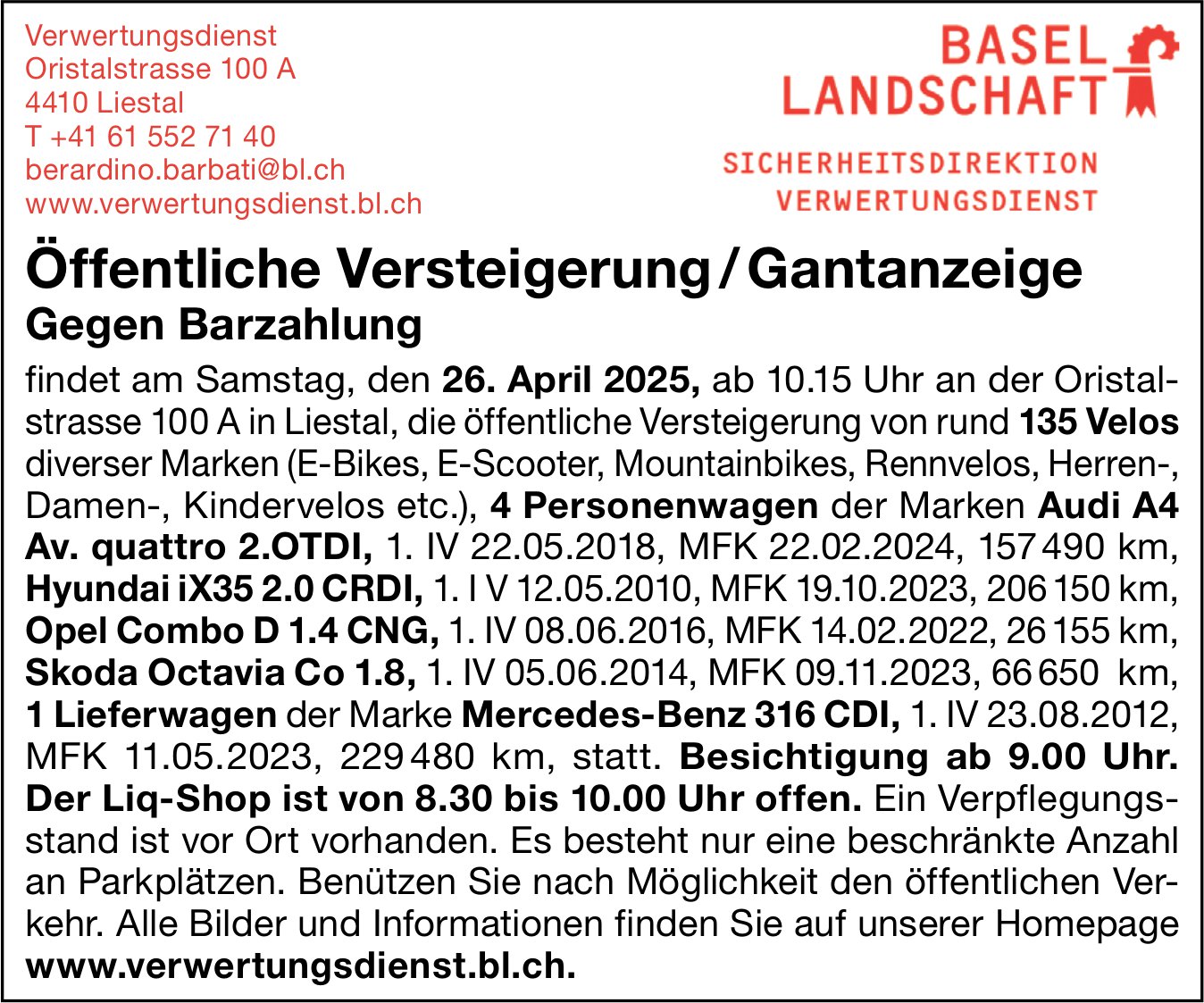 Verwertungsdienst, Liestal - Öffentliche Versteigerung / Gantanzeige