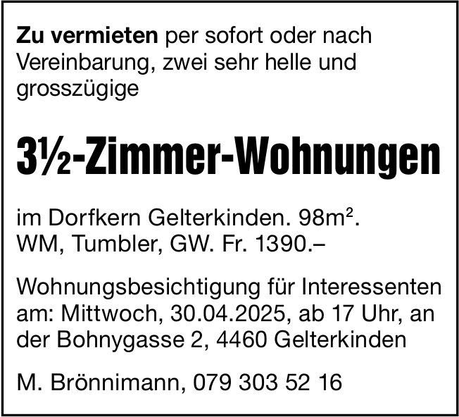 3.5- Zimmer-Wohnungen, Gelterkinden, zu vermieten