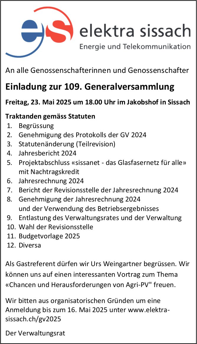 109. Generalversammlung Elektra Sissach, 23. Mai, Jakobshof, Sissach