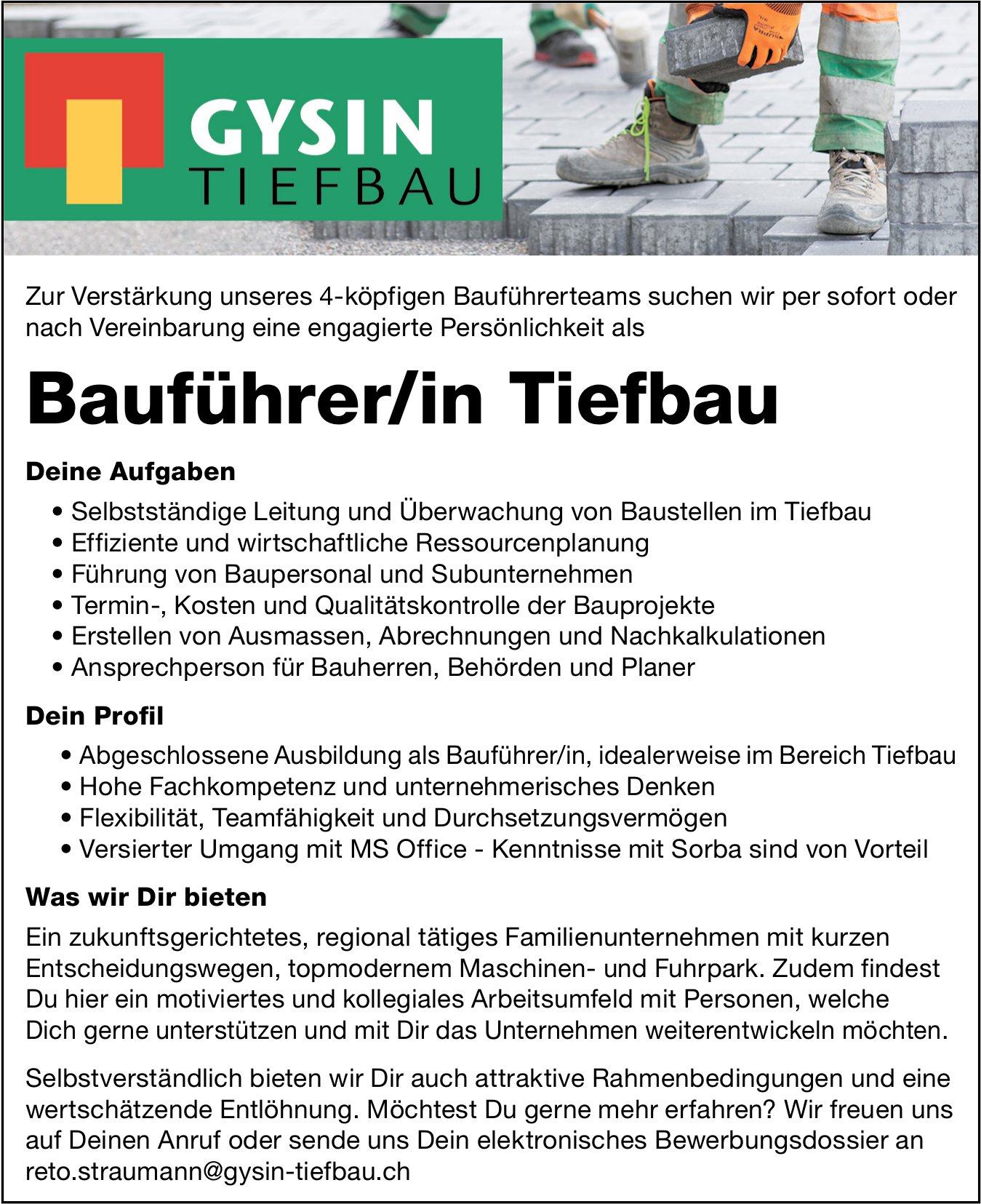 Bauführer/in Tiefbau, Gysin Tiefbau, gesucht