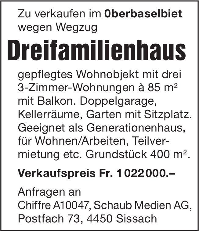 Dreifamilienhaus, Oberbaselbiet, zu verkaufen
